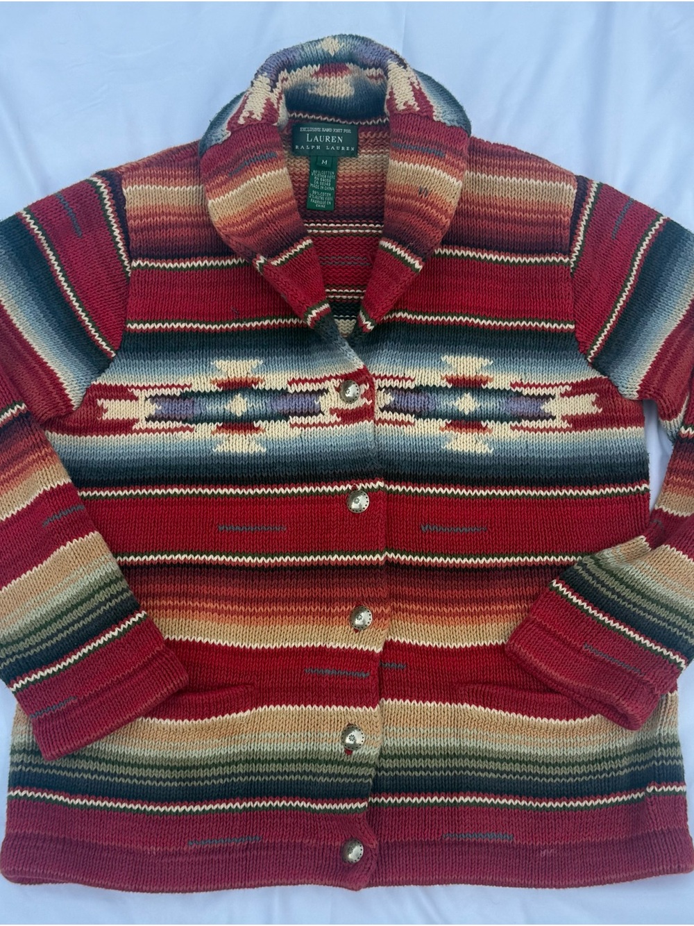 Lauren Ralph Lauren Hand-Knit Vintage Red Striped Southwestern Knit Cardigan